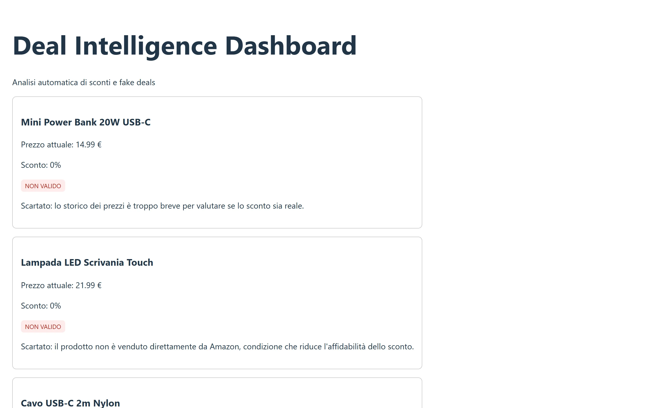 Vista desktop della dashboard Deal Intelligence Engine