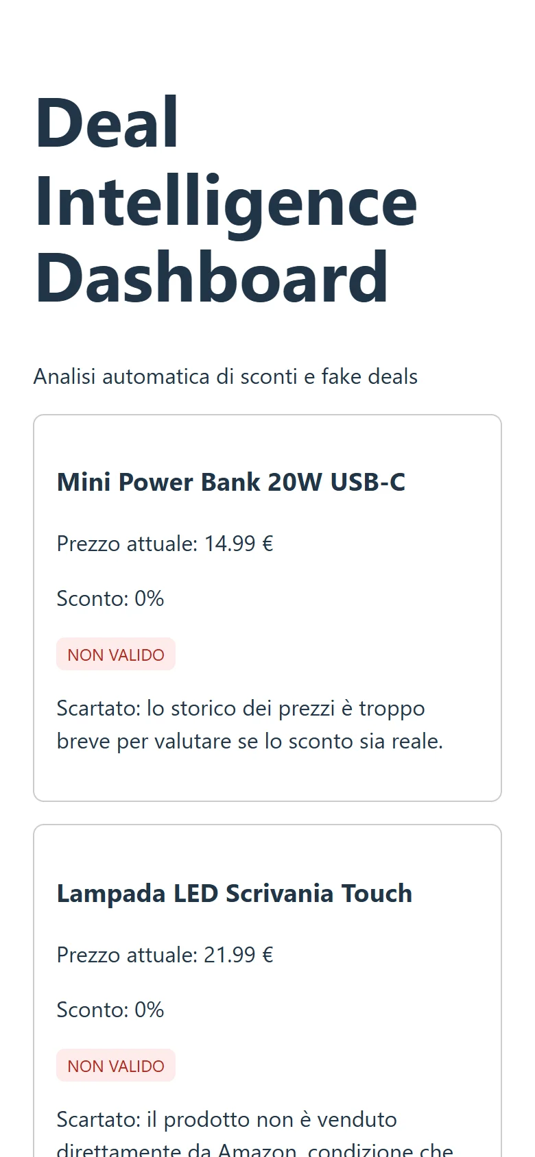 Vista mobile della dashboard Deal Intelligence Engine
